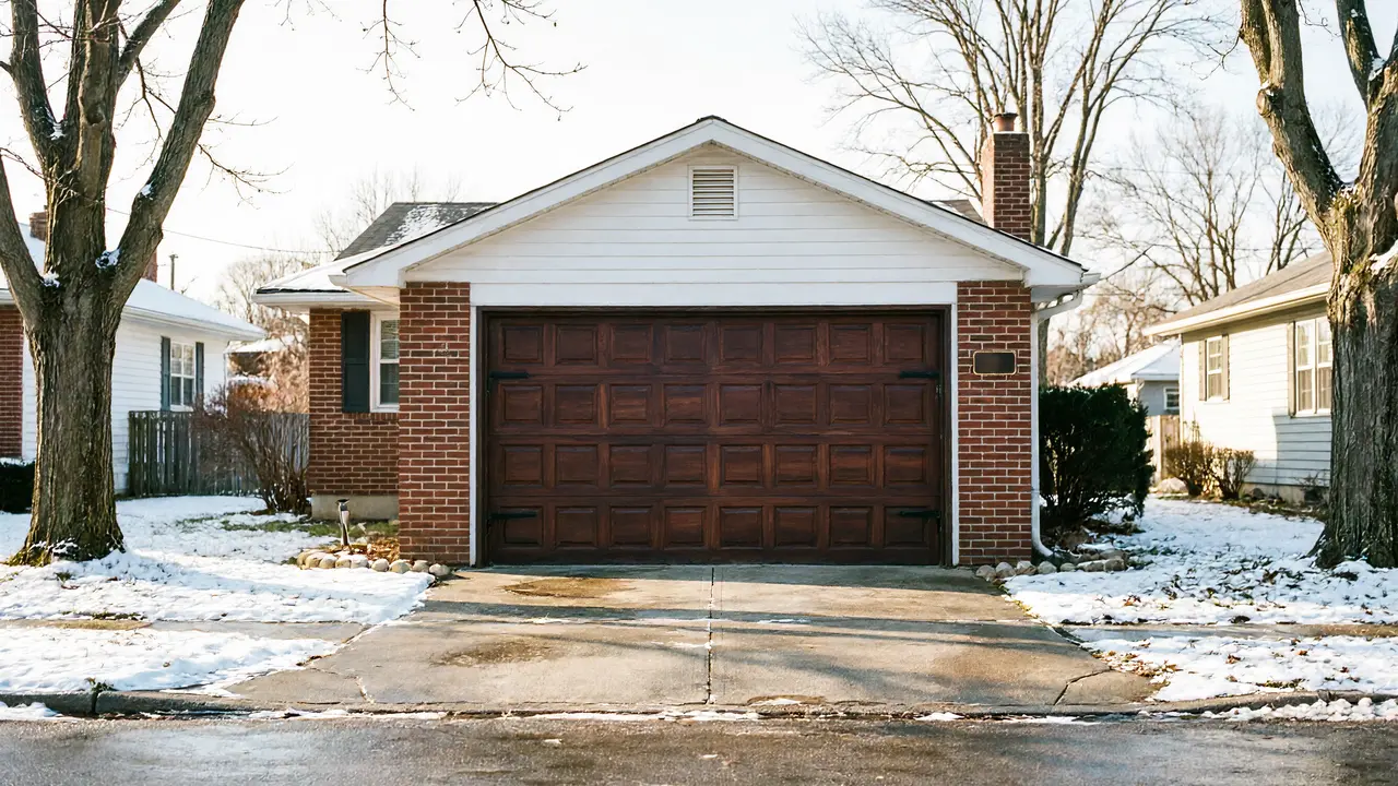 The house has a dark brown garage door with a brick facade and white siding.