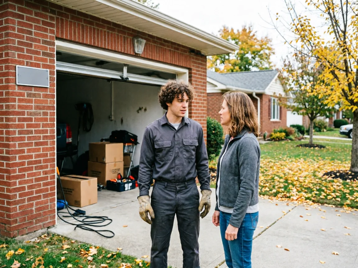 A technician in work clothes talks to a woman in front of an open garage.