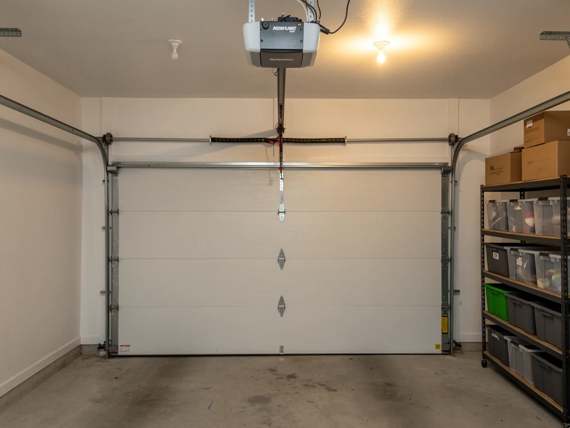 A white garage door is closed in a garage with a storage shelf.