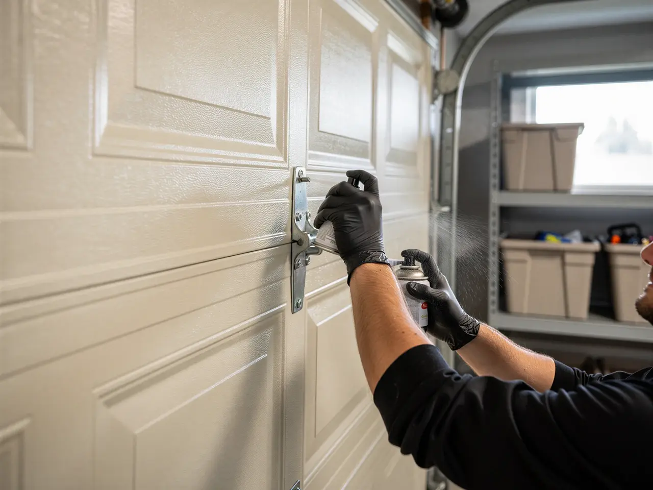A technician in black gloves sprays lubricant on a beige garage door hinge.